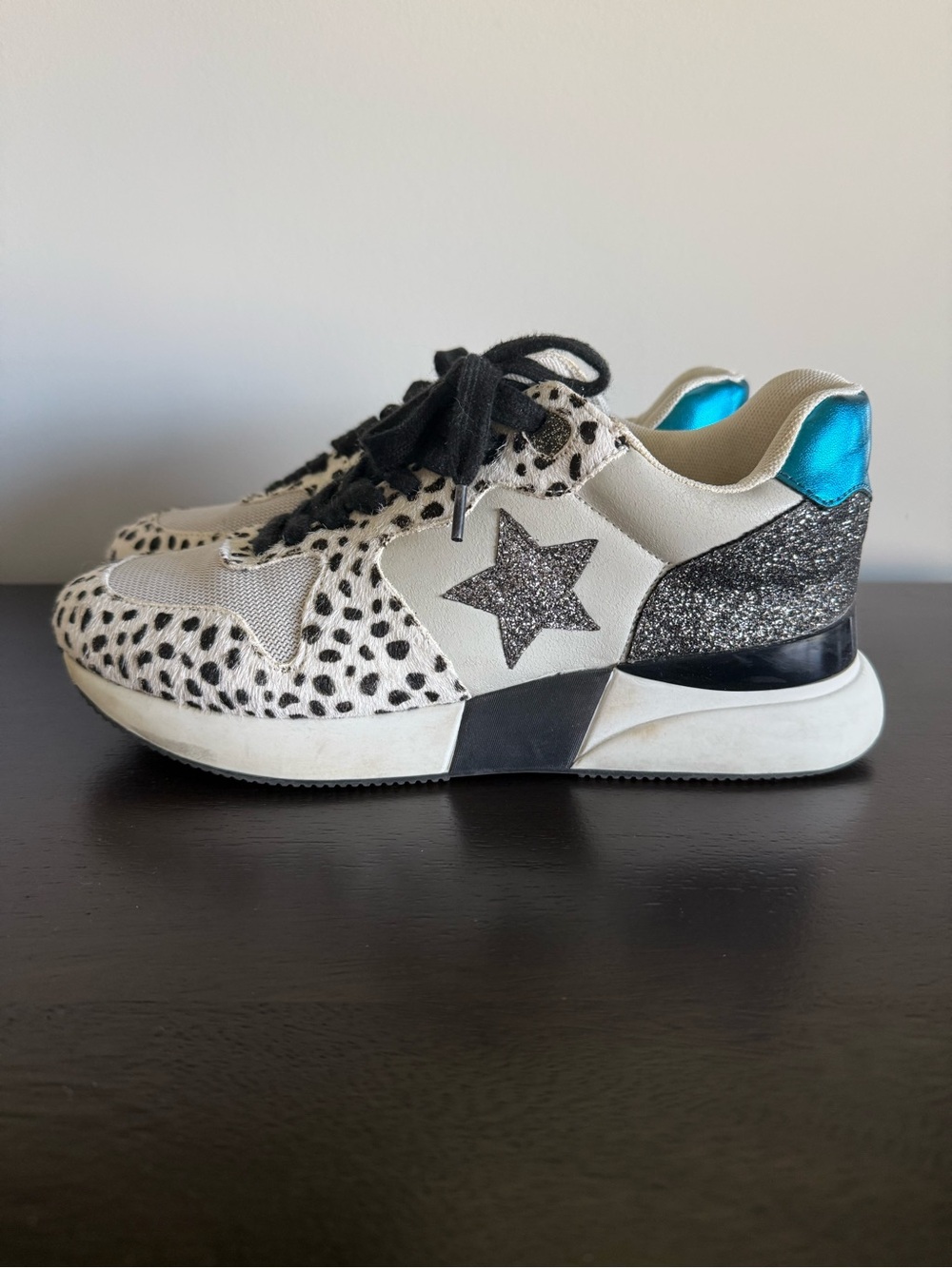 ShuShop White Black Dalmatian Sneakers with Teal Heel